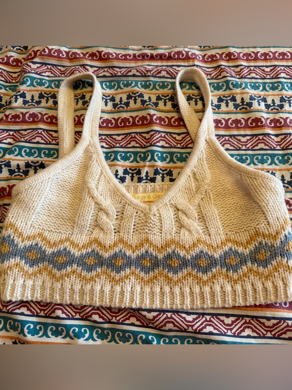 Cream Cable-Knit Fair Isle Crop Tank